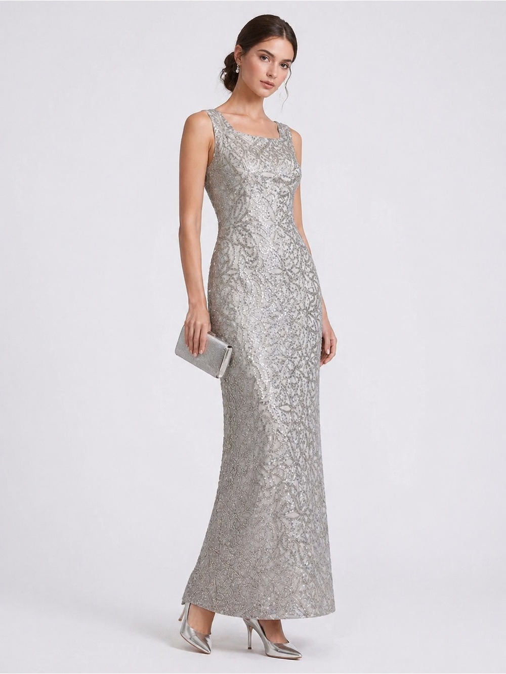 Lauren Ralph Lauren Silver Sequin Evening Gown Column Dress Size 4